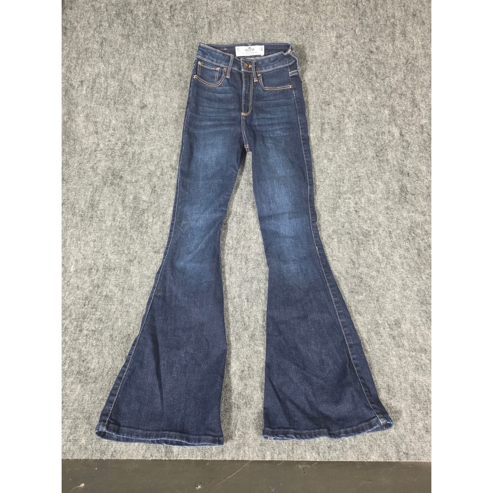 Womens Jeans Curvy High Rise Flare 0S 24x30 Dark Wash Bell Bottoms Hollister